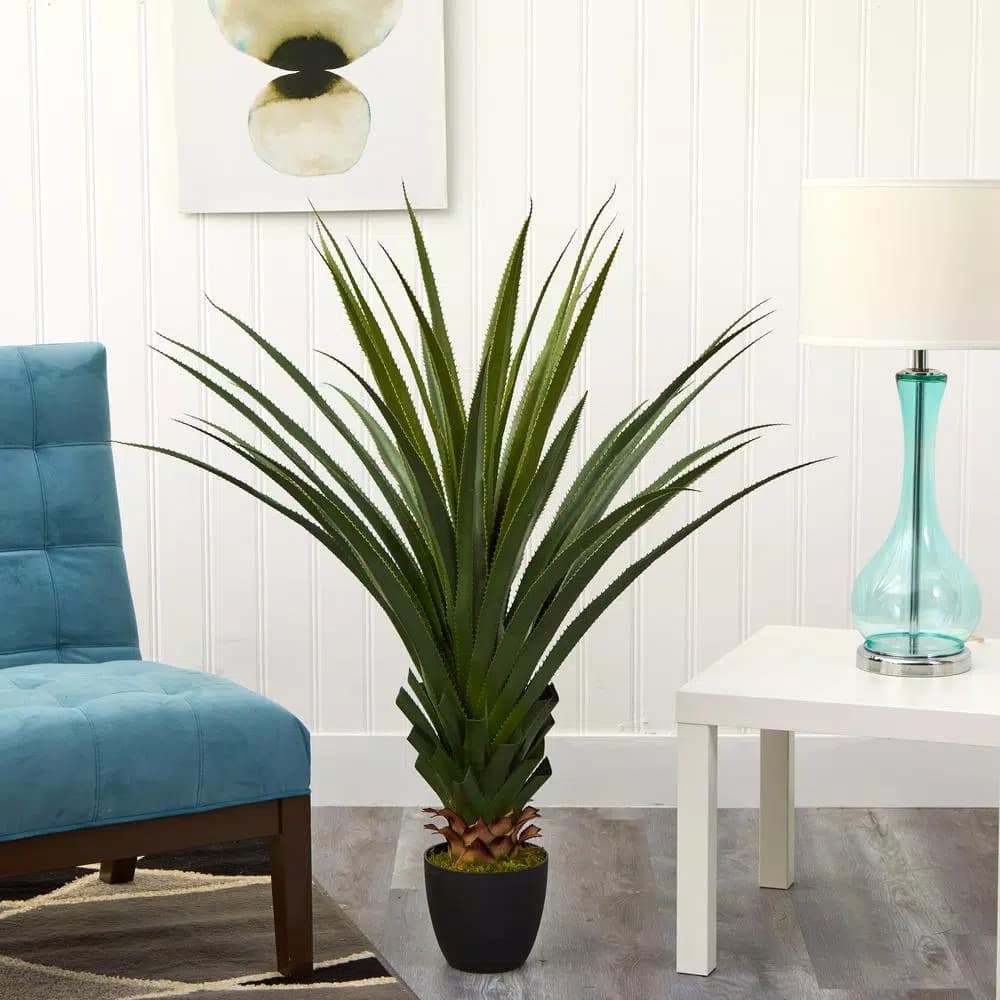 Nearly Natural 4 ft. Spiked Agave Artificial Plant in Black Plastic Pot