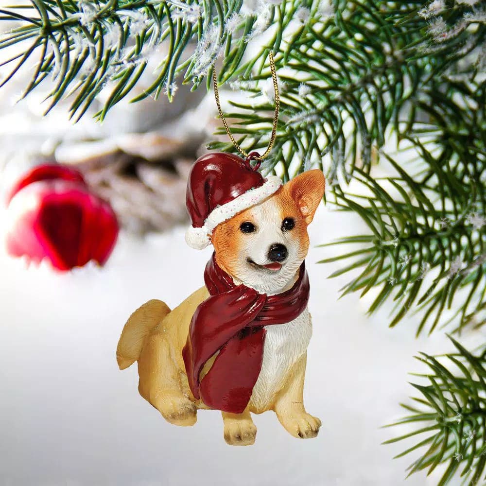 Design Toscano Welsh Corgi Holiday Dog Ornament Sculpture, Hand Painted Resin