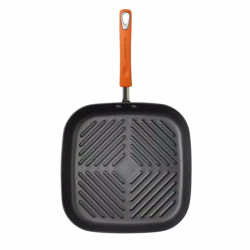 Rachael Ray 10.75 in. Hard-Anodized Aluminum Nonstick Square Grill Pan, Orange and Gray