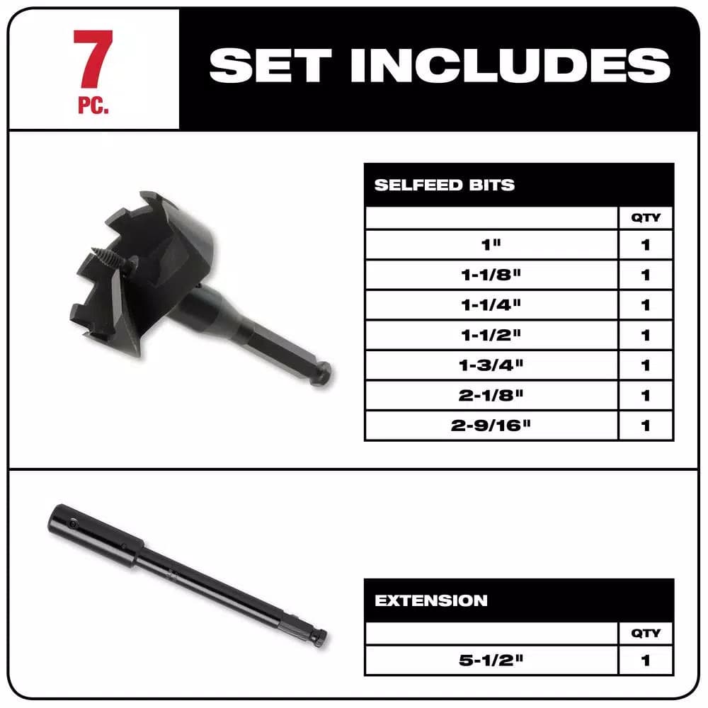 Milwaukee Selfeed 7-Piece High Speed Steel Wood Boring Auger Bit Set with Carrying Case
