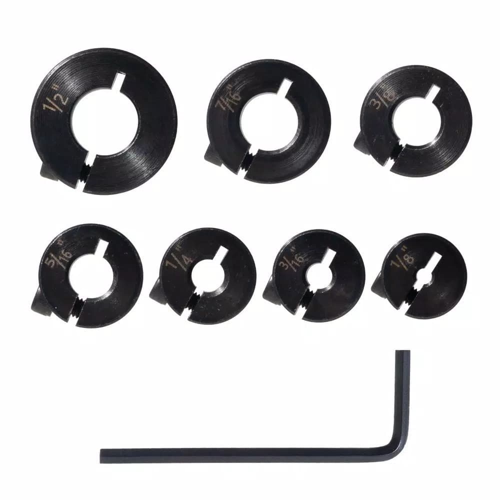 POWERTEC 7-Piece Steel Drill Bit Stop Collar Set with Split Ring Design and Size Markings