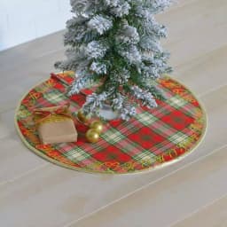 VHC Brands 21 in. HO Holiday Cherry Red Plaid Cotton Christmas Tree Skirt with Gold Embroidery thumbnail 4