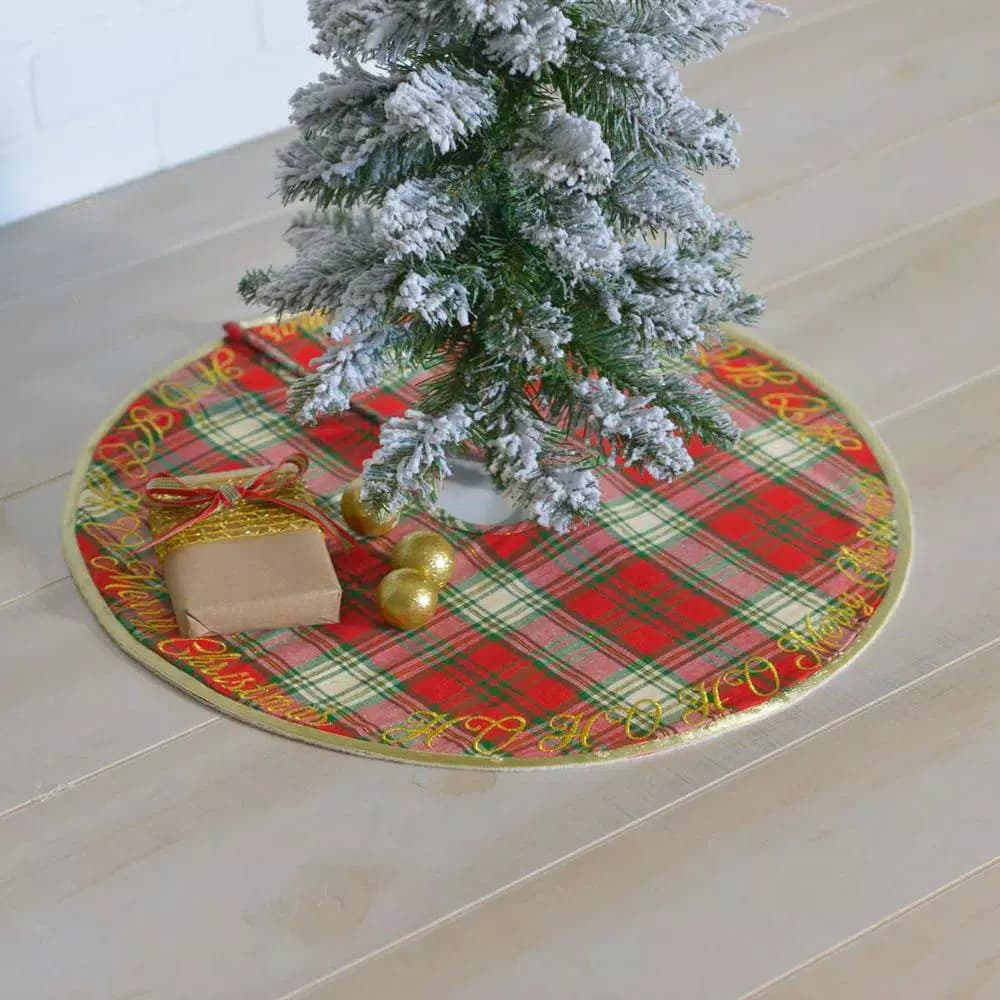 VHC Brands 21 in. HO Holiday Cherry Red Plaid Cotton Christmas Tree Skirt with Gold Embroidery