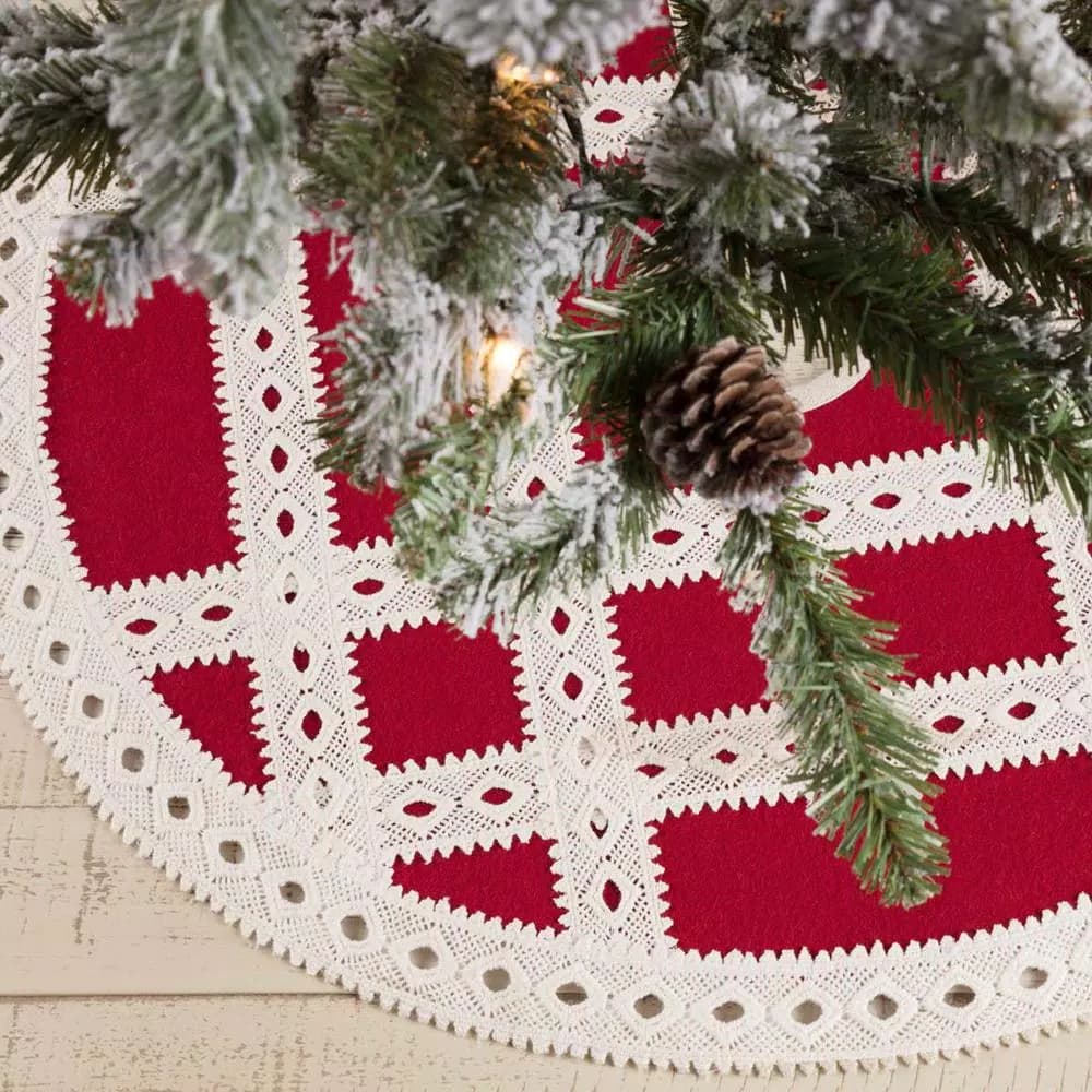VHC Brands 21 in. Red Margot Farmhouse Christmas Tree Skirt with Diamond Cut Lace