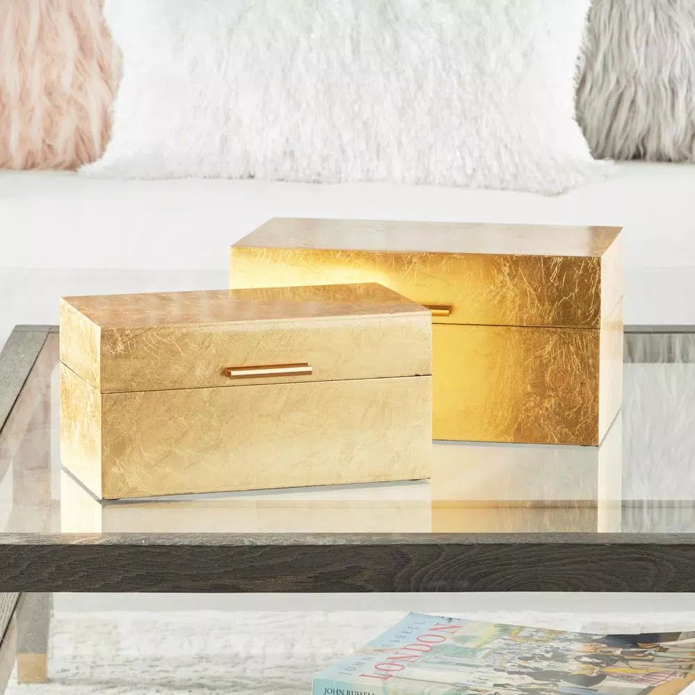 CosmoLiving by Cosmopolitan Metallic Gold Decorative Wooden Boxes, Set of 2, Rectangular Gold Leaf Finish