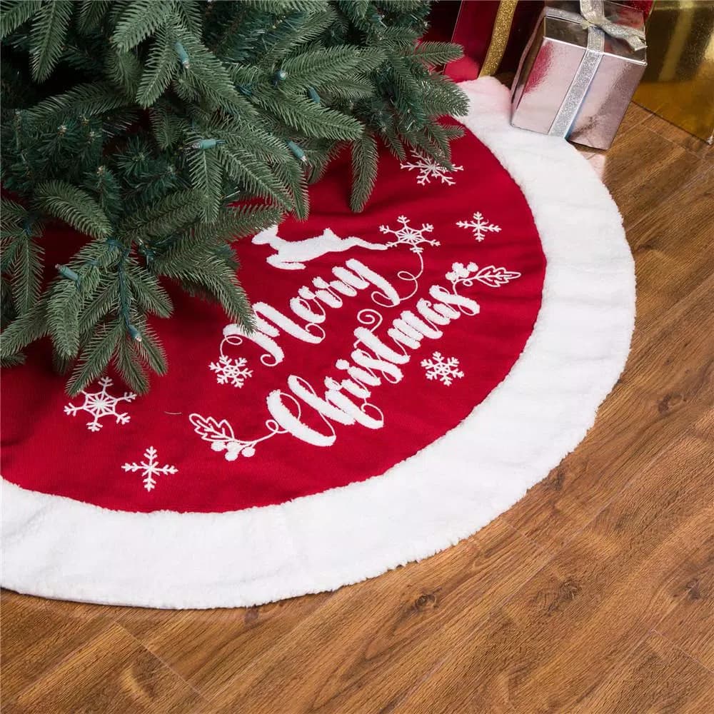 Glitzhome 48 in. Merry Christmas Fabric Tree Skirt with Reindeer and Snowflake Pattern