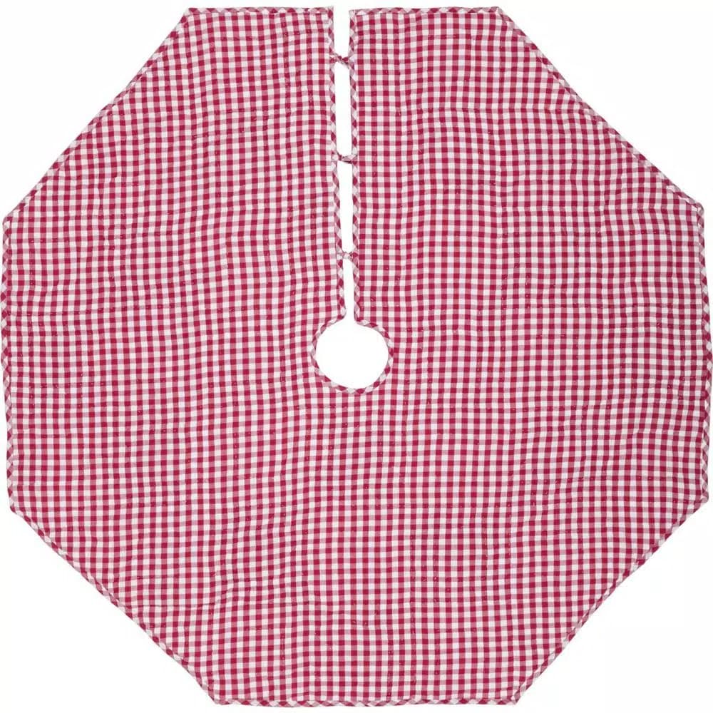 VHC Brands Emmie 60 in. Red Patchwork Christmas Tree Skirt - Hand-Quilted Cotton Farmhouse Decor