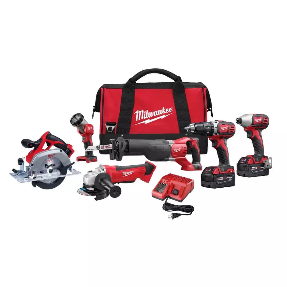 Milwaukee M18 18V Lithium-Ion Cordless 6-Tool Combo Kit with Two 3.0 Ah Batteries, Charger, and Tool Bag