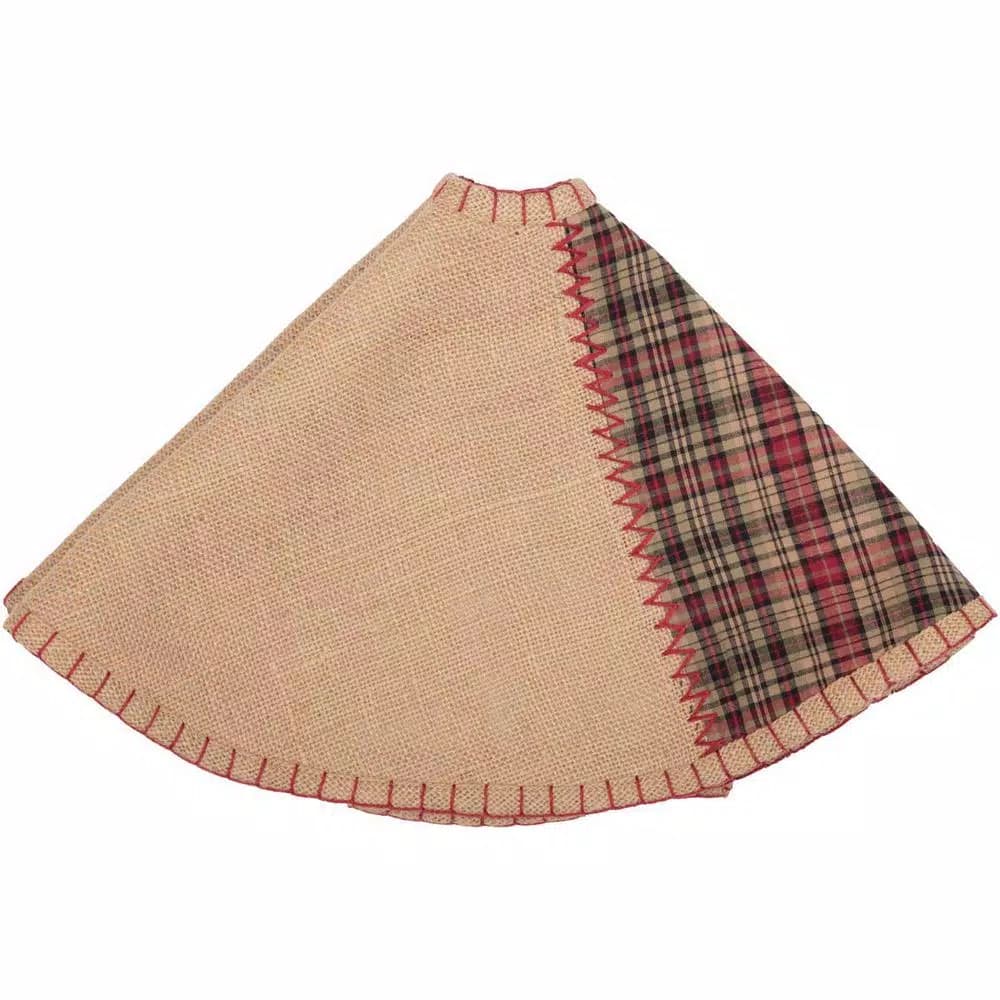 VHC Brands 21 in. Clement Natural Tan and Red Plaid Rustic Christmas Tree Skirt