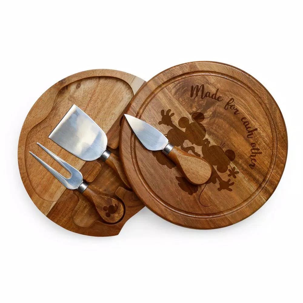TOSCANA Picnic Time Mickey and Minnie Mouse 7.5 in. Acacia Wood Brie Cheese Board and Tool Set