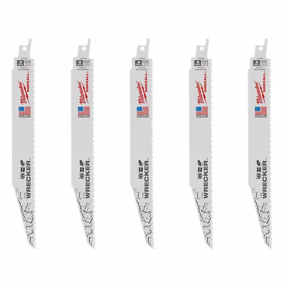Milwaukee WRECKER 9 in. 7/11 TPI Multi-Material Demolition Reciprocating Saw Blades, 5 Pack