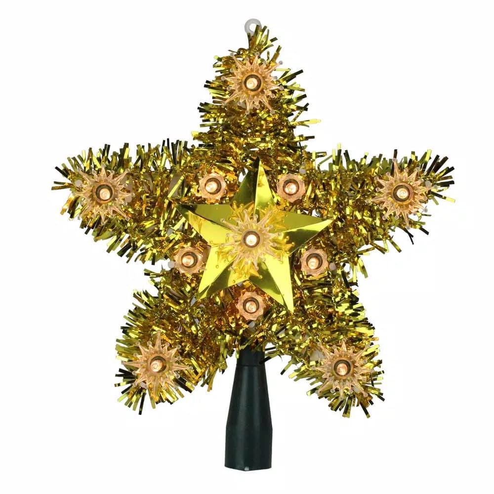 Northlight 7 in. Gold Tinsel Star Christmas Tree Topper with 11 Clear Mini Lights