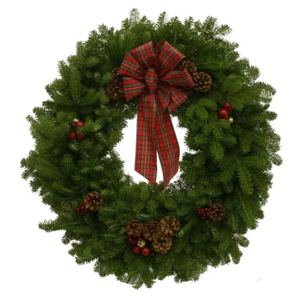 Worcester Wreath 30 in. Fresh Maine Balsam Fir Highland Wreath with Plaid Bow