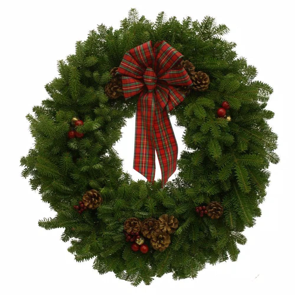 Worcester Wreath 30 in. Fresh Maine Balsam Fir Highland Holiday Wreath with Plaid Bow