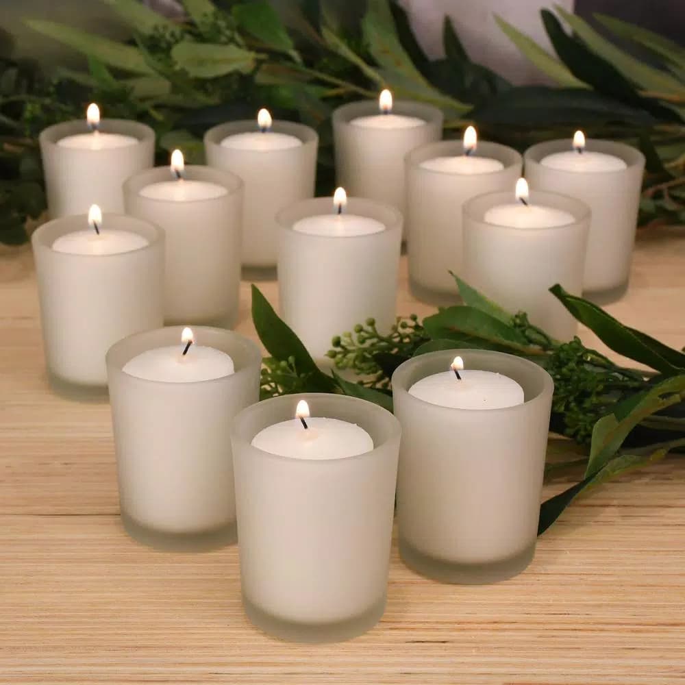 LUMABASE 12-Piece White Votive Candle Set with Frosted Glass Holders, 15-Hour Burn Time, Unscented Paraffin Wax