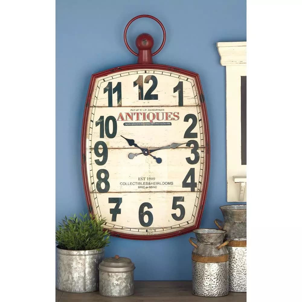 LITTON LANE 33 in. x 19 in. Antique Reproduction Style Wall Clock - Rustic Distressed Red & White