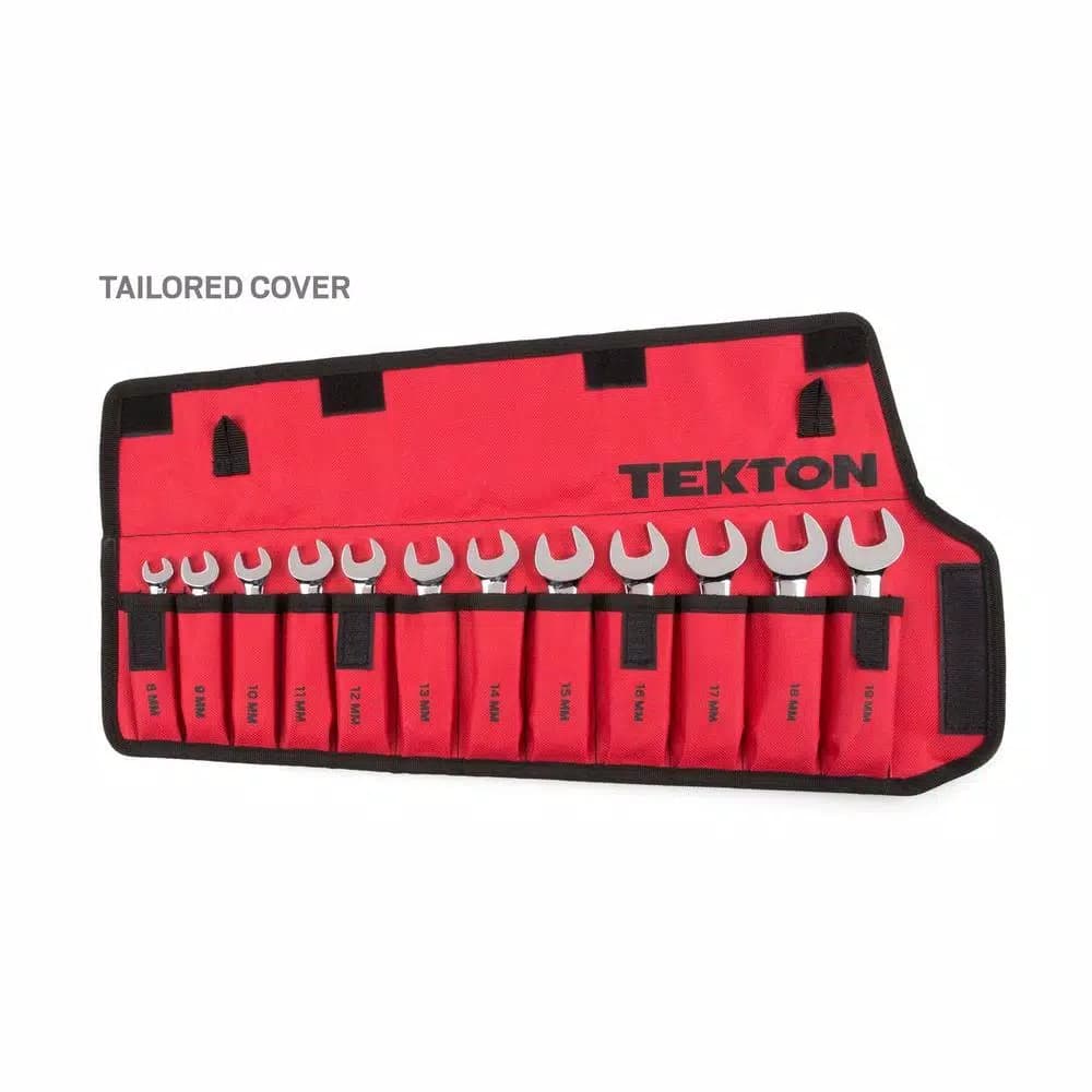 TEKTON 12-Piece Metric Stubby Combination Wrench Set, 8-19 mm with Roll-Up Pouch