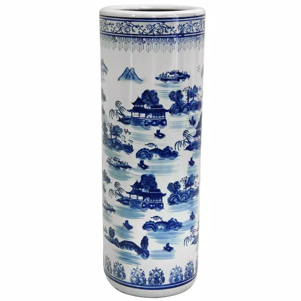Oriental Furniture 23.5 in. Blue and White Porcelain Umbrella Stand & Decorative Floor Vase