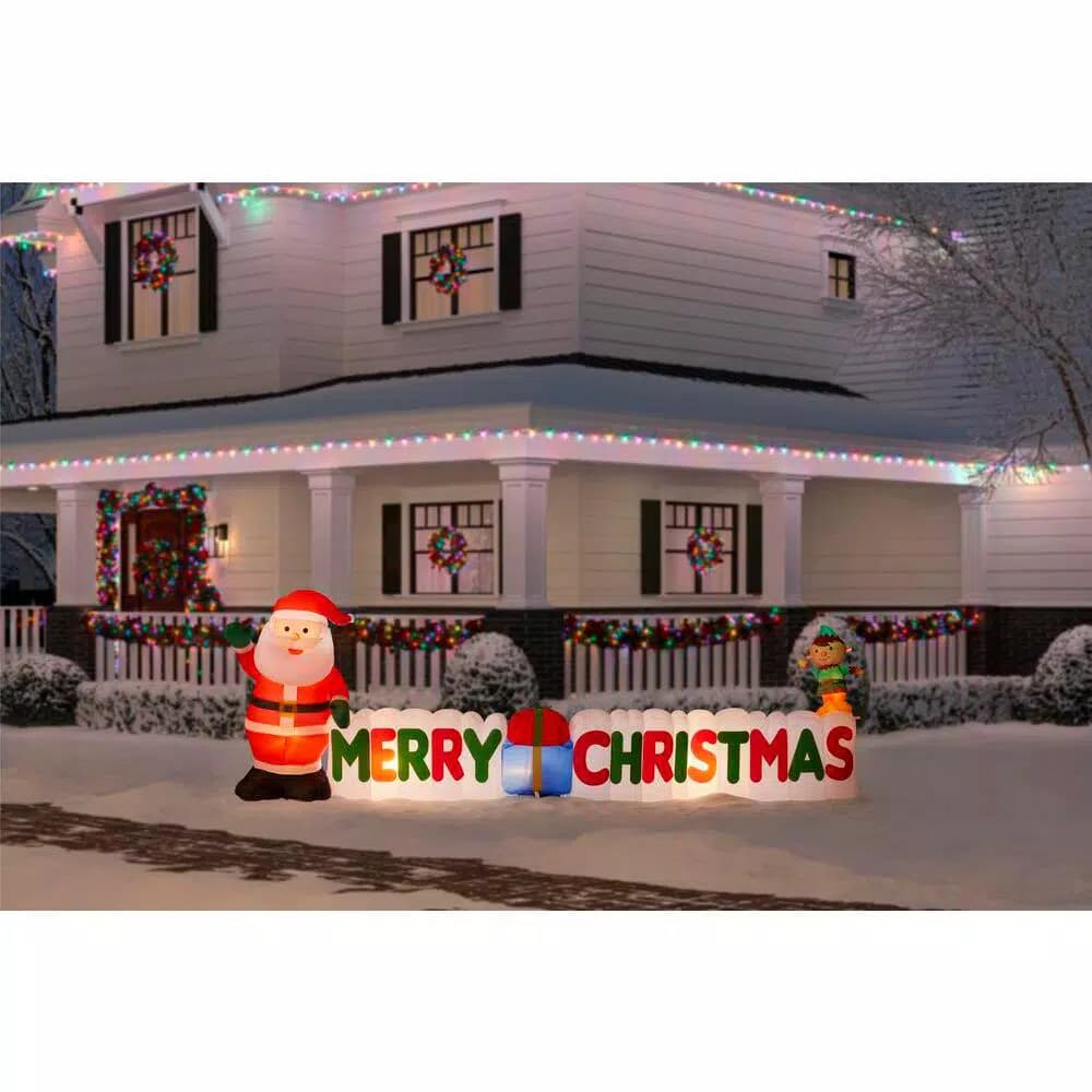 Home Accents Holiday 12 ft Airblown Inflatables Merry Christmas Sign Scene with Santa, Elf, and Presents