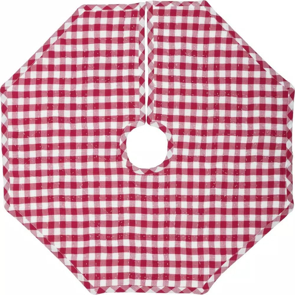 VHC Brands Emmie 21 in. Red Patchwork Christmas Tree Skirt - Hand-Quilted Cotton Farmhouse Decor