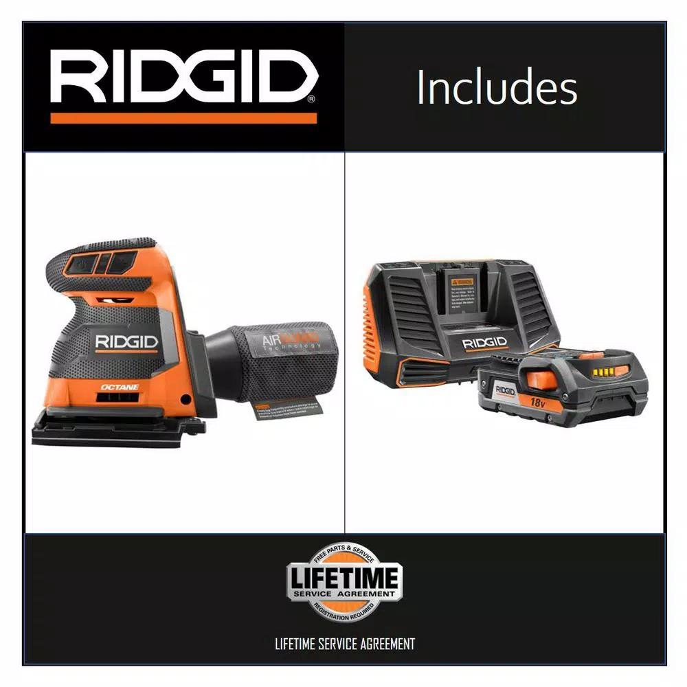 RIDGID 18V OCTANE Cordless Brushless 3-Speed 1/4 Sheet Sander Kit with 2.0 Ah Battery and Charger