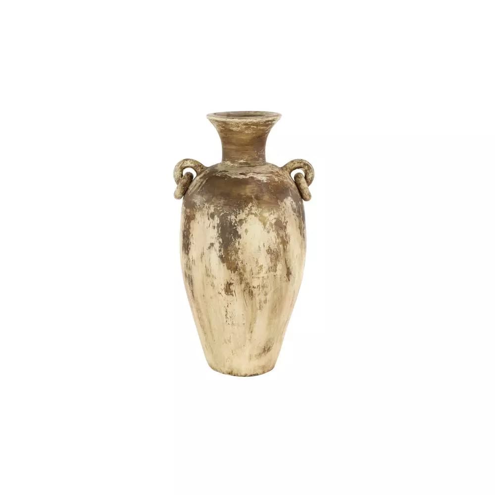 LITTON LANE 28" Distressed Beige and Brown Ceramic Amphora Floor Vase - Farmhouse Style