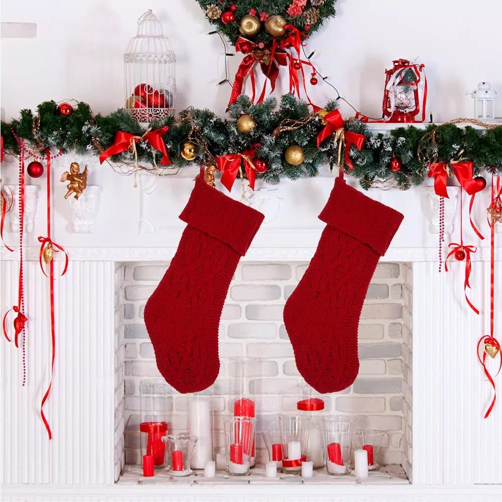 Glitzhome 22 in. Red Knitted Polyester Christmas Stockings, 2-Pack