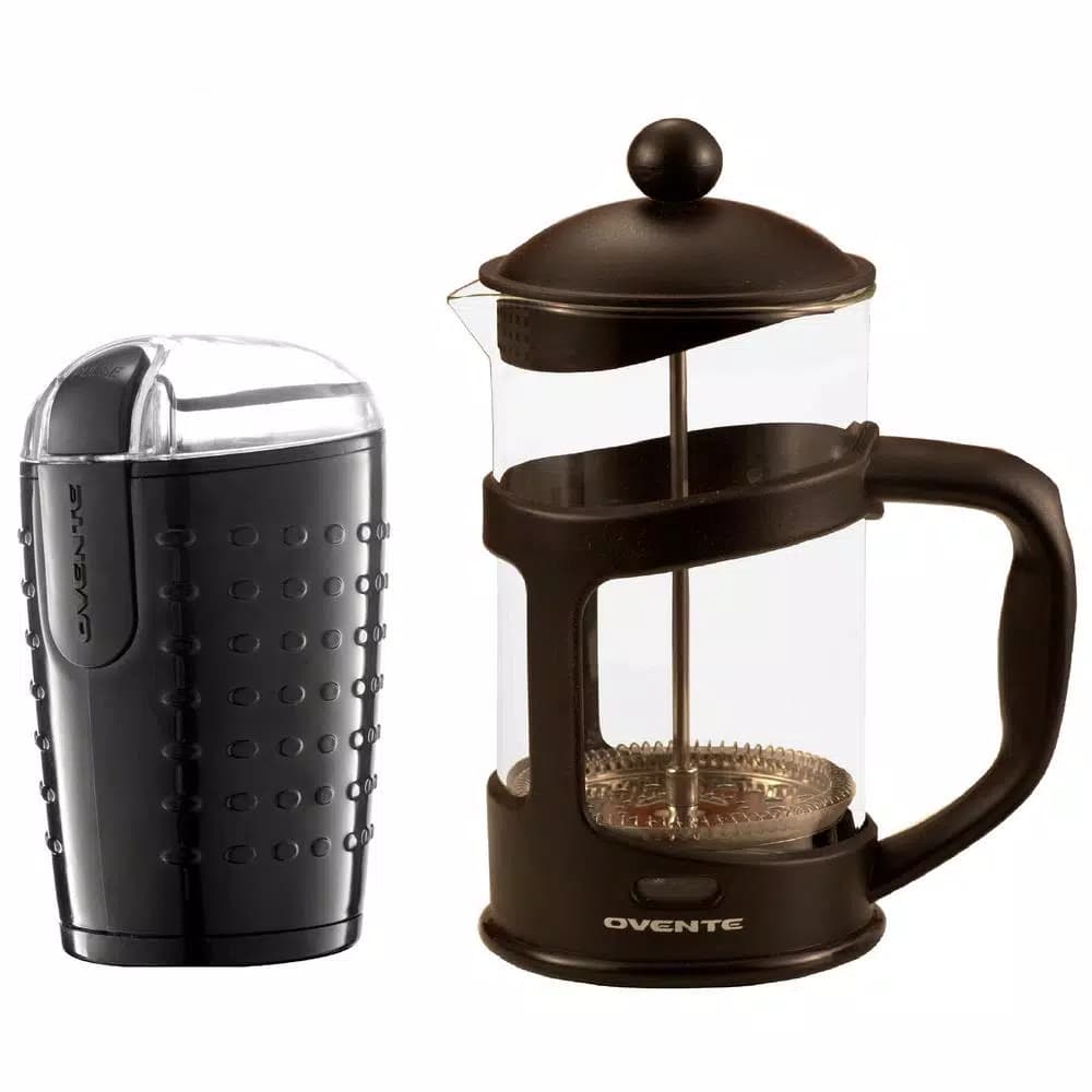 Ovente Electric Coffee Bean Grinder and 8-Cup French Press Coffee Maker Bundle, Black