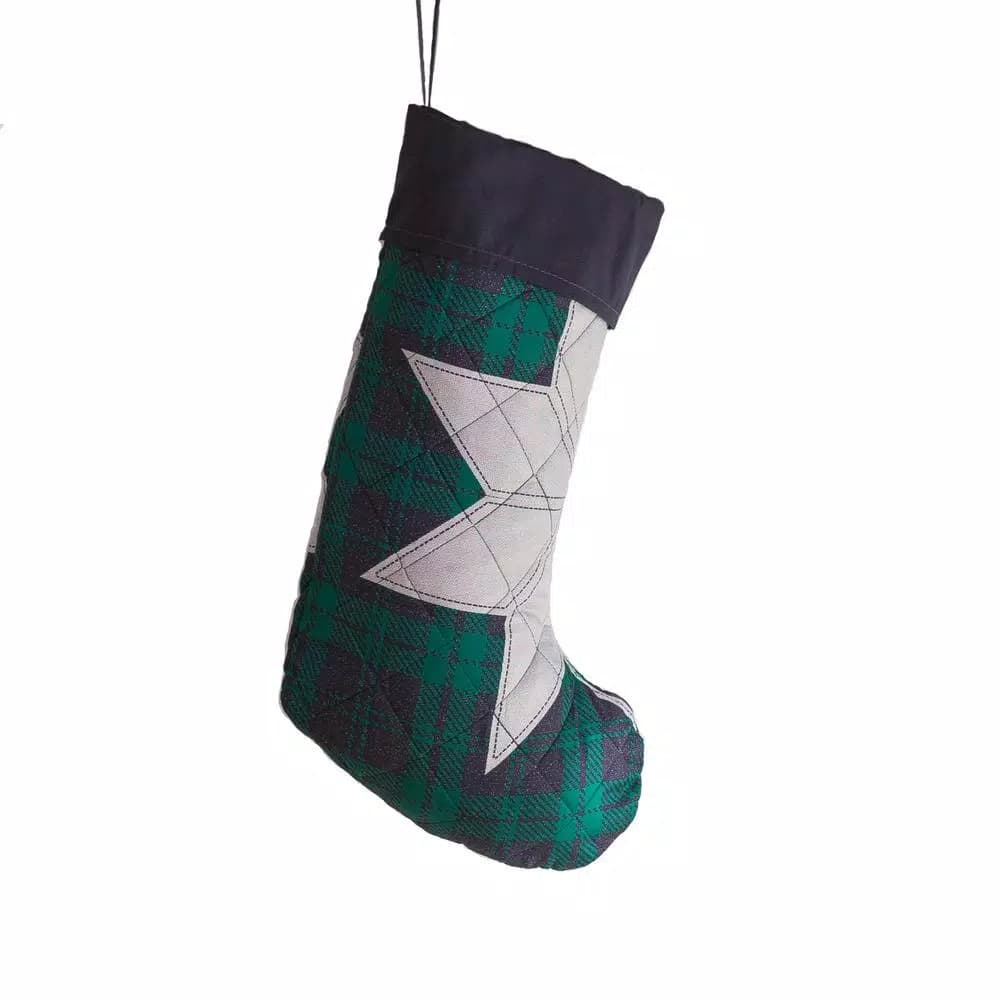 Country Living Christmas Carol 17.5 in. Navy and Green Plaid Microfiber Christmas Stocking with Star Applique