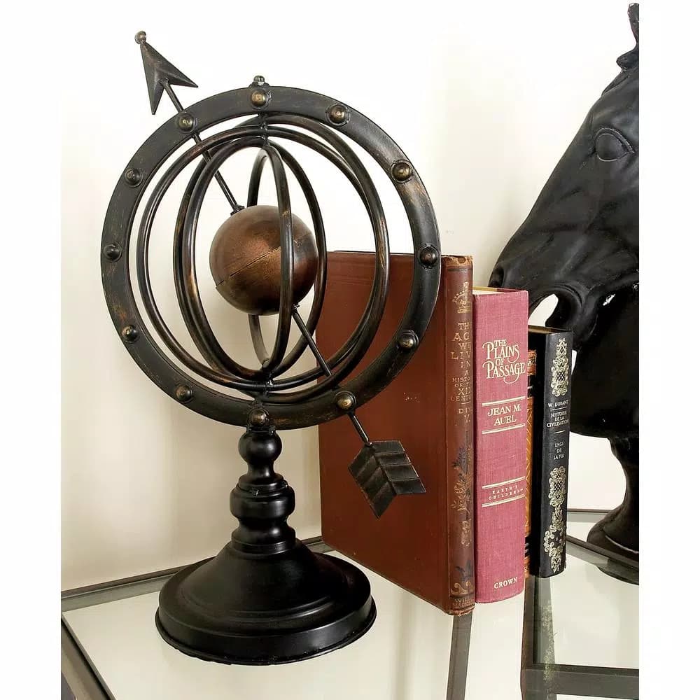 LITTON LANE 17" Nautical Iron Armillary Sphere Decor with Tarnished Brass Finish and Wood-Style Stand