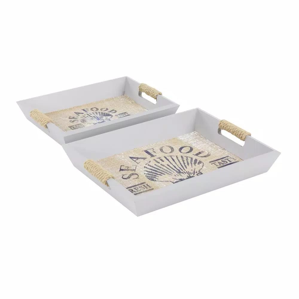 LITTON LANE Coastal Living Wooden Seafood Decorative Trays, Set of 2, White & Light Brown
