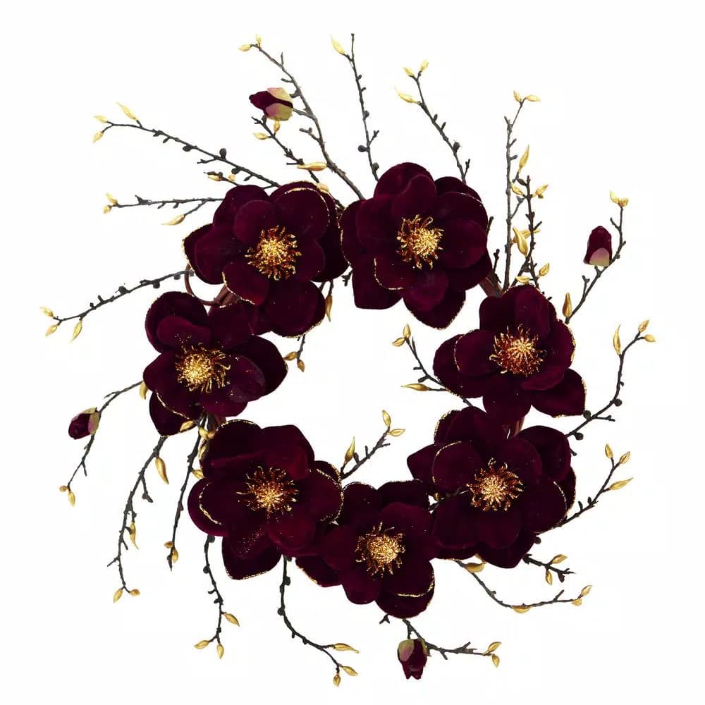 Nearly Natural 24 in. Burgundy and Gold Magnolia Artificial Silk Flower Wreath
