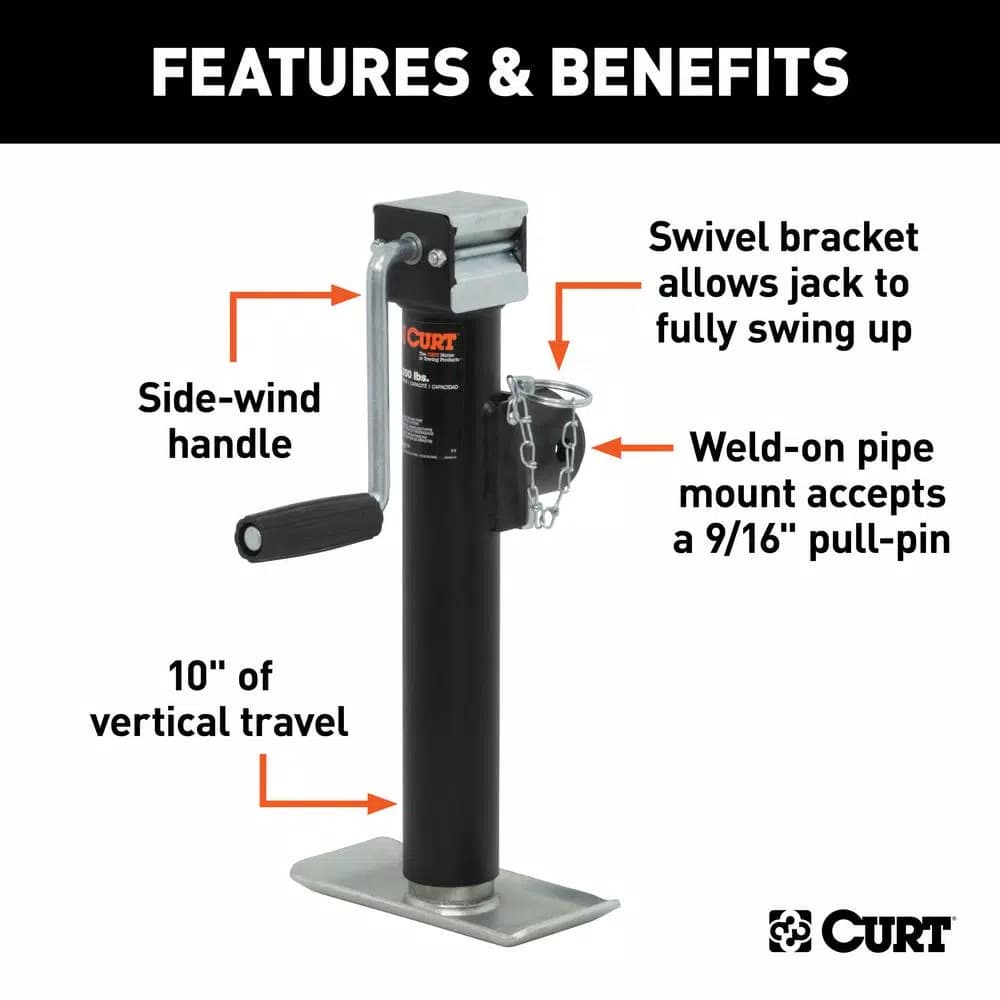 CURT Pipe-Mount Swivel Trailer Jack with Side Handle, 2,000 lbs. Capacity, 10 in. Travel