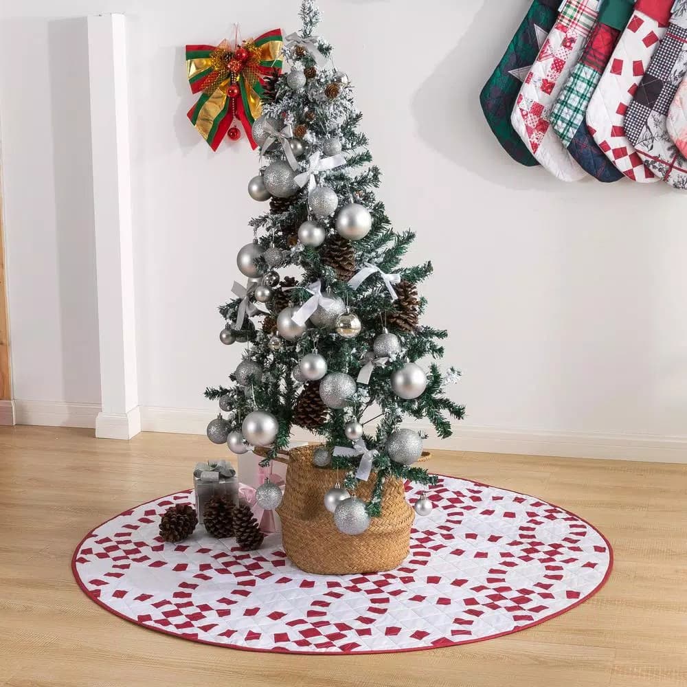 Country Living 48 in. Holiday Ring Quilted Tree Skirt, Red and White Candy Cane Microfiber