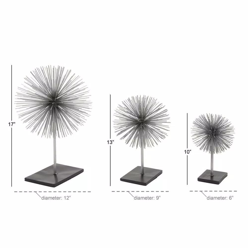 LITTON LANE Set of 3 Metal Starburst Sculptures with Stand - Silver and Black Iron Wire Decor