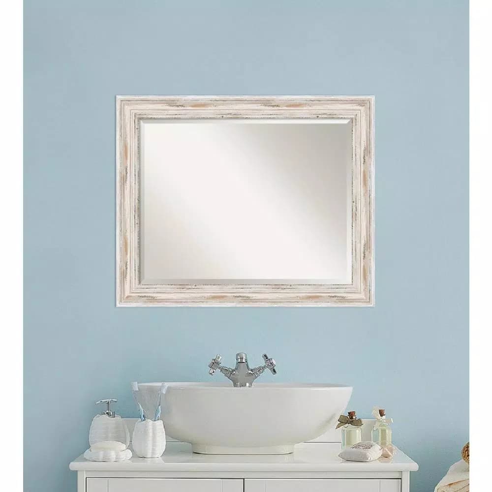 Amanti Art Alexandria 33 in. W x 27 in. H Distressed Whitewash Wood Framed Beveled Edge Bathroom Mirror