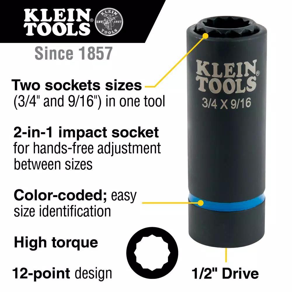 Klein Tools 1/2 in. Drive 2-in-1 Deep Impact Socket, 12-Point, 3/4 in. and 9/16 in. Dual Hex Sizes