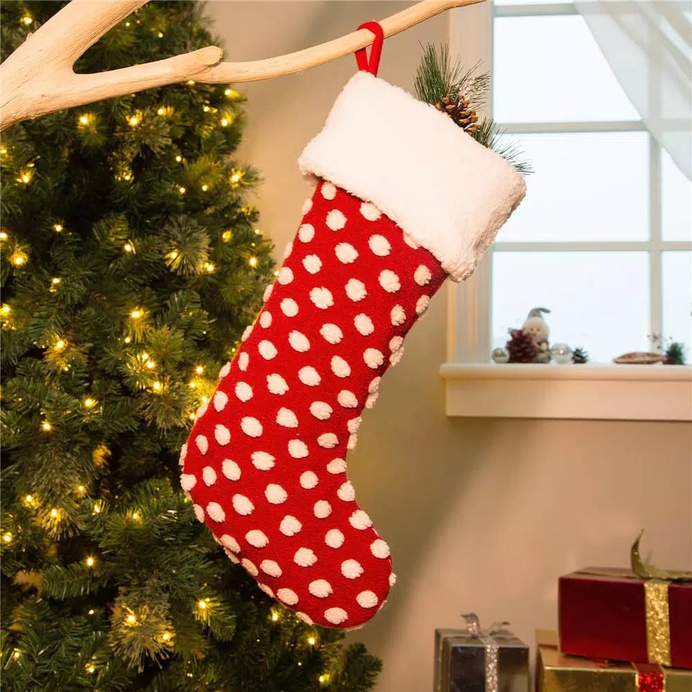 Glitzhome 21 in. Red and White Polka Dot Fabric Pompom Christmas Stocking