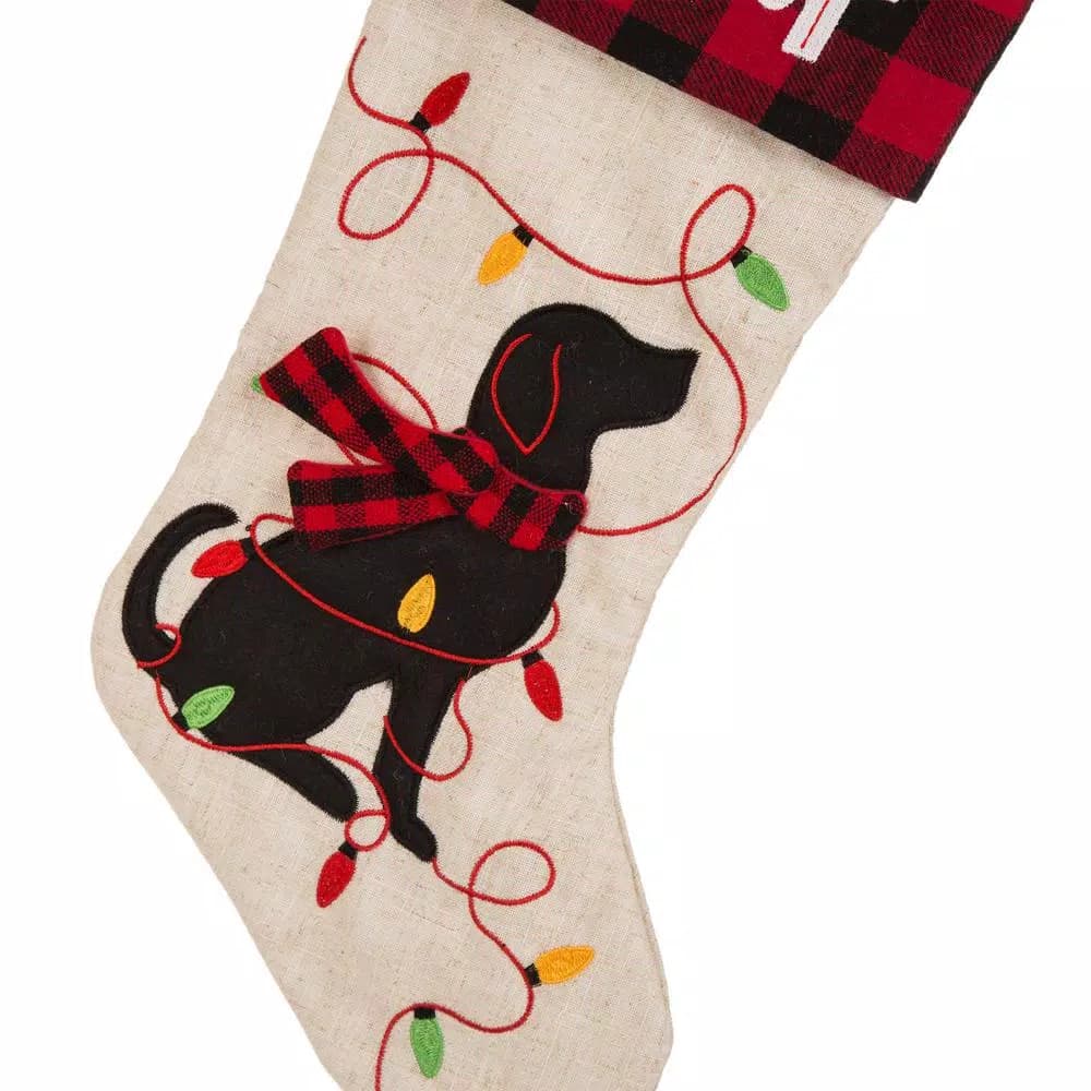 Glitzhome 21 in. LED Embroidered Linen Christmas Stocking - Dog Theme