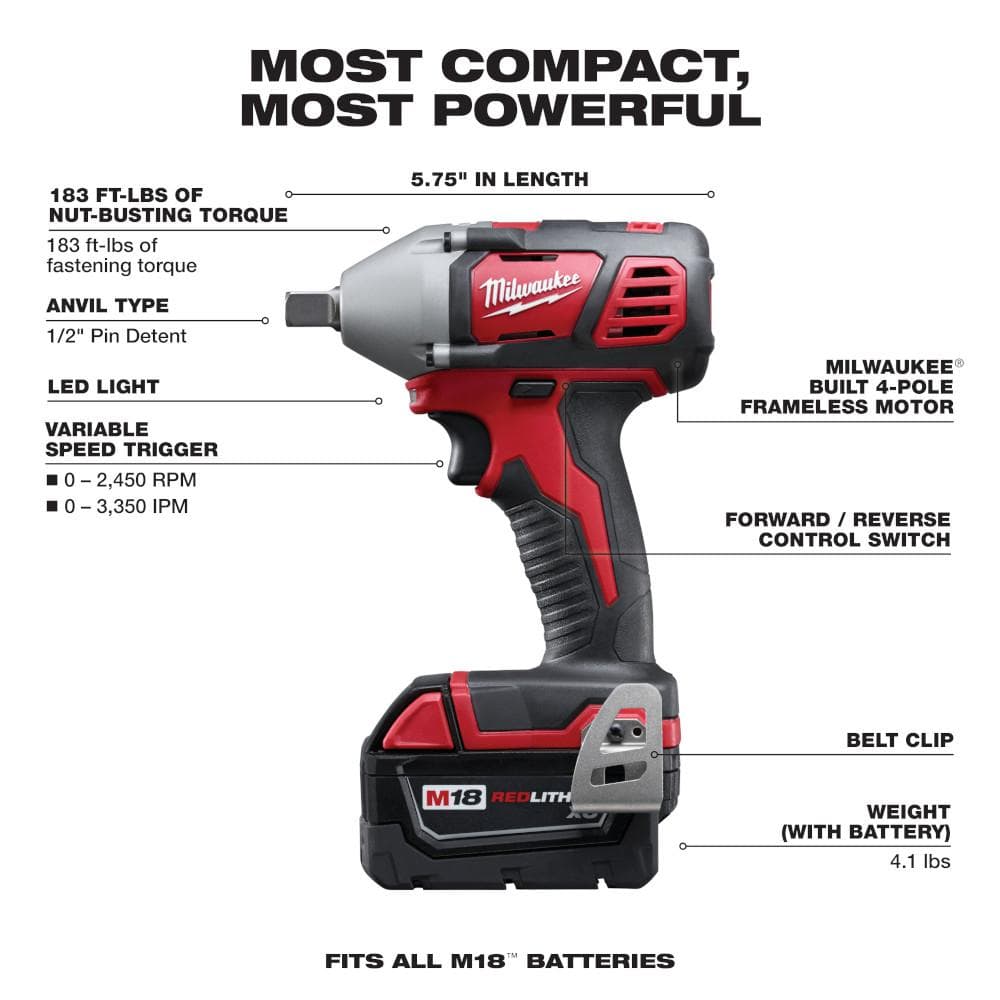 Milwaukee M18 1/2 in. Compact Impact Wrench Kit w/ (2) 3.0 Ah Batteries, Charger & Hard Case