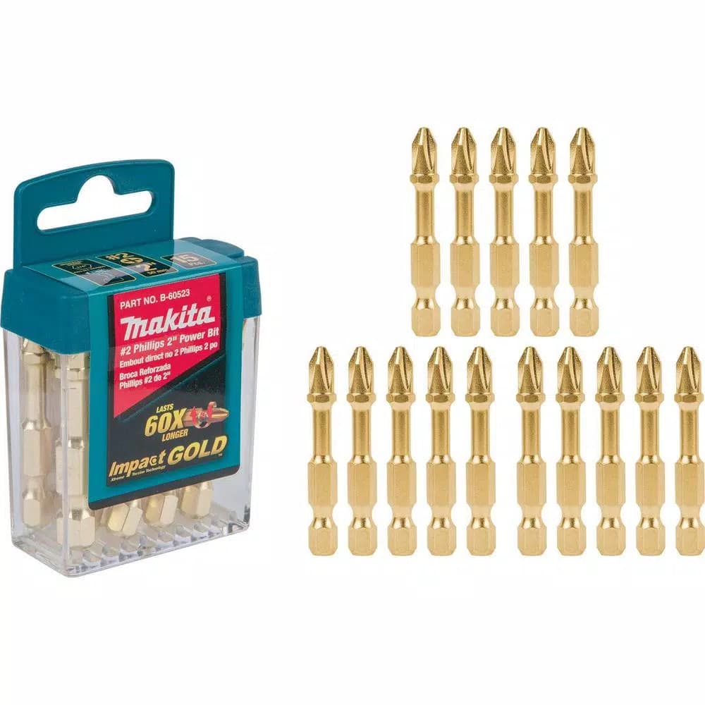 Makita Impact GOLD #2 Phillips Power Bits, 2 in. Hex Shank (15 Pack)