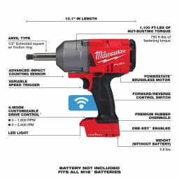 Milwaukee M18 FUEL 1/2 in. Impact Wrench with Extended Anvil, ONE-KEY, Brushless Cordless (Tool-Only) thumbnail 3