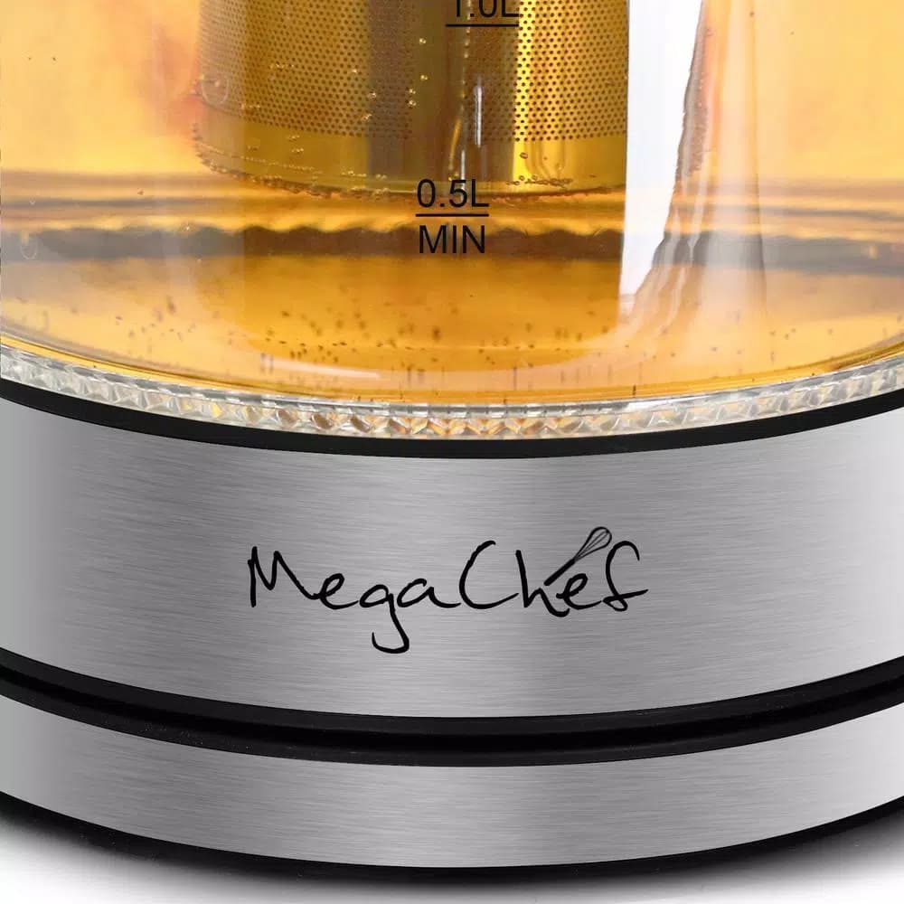 MegaChef 1.8L Cordless Glass and Stainless Steel Electric Tea Kettle with LED Base