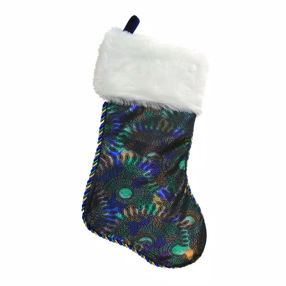 Northlight 19 in. Blue Green and Gold Braided Peacock Shimmer Christmas Stocking with Plush Cuff