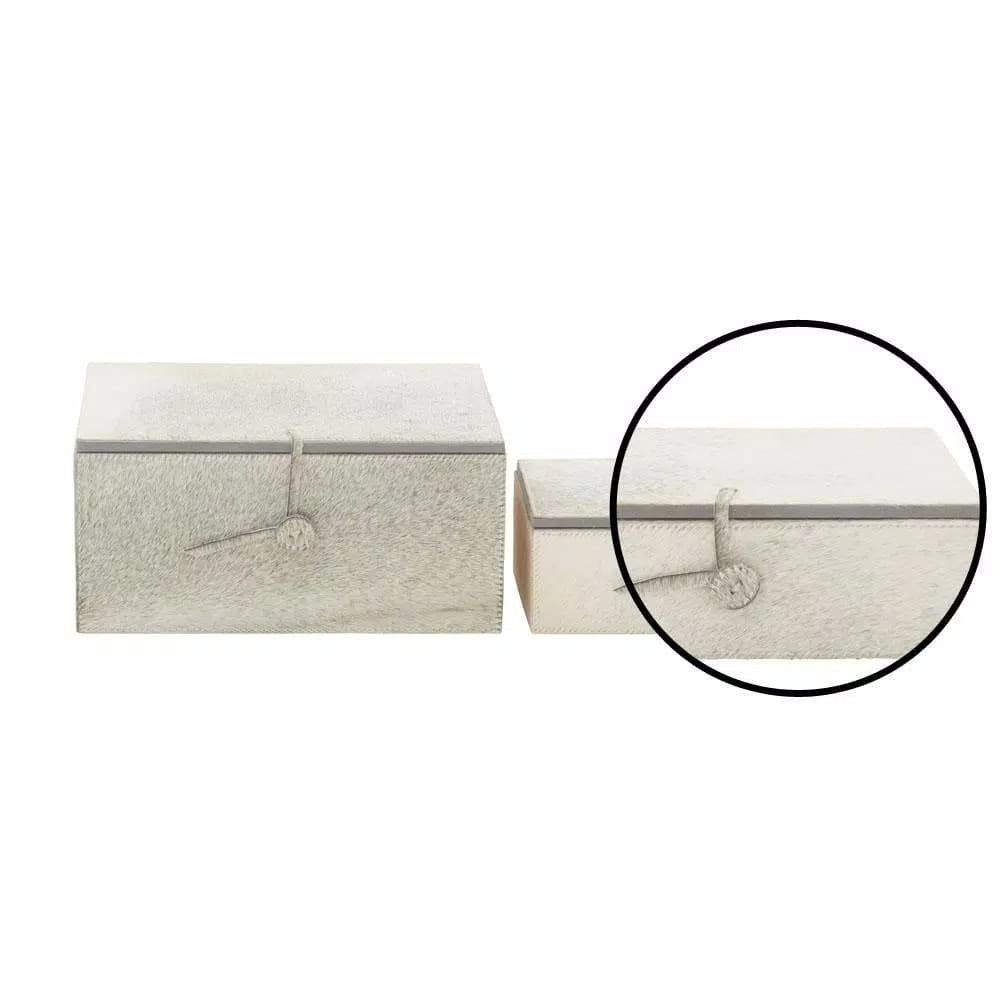 LITTON LANE Natural Reflections Gray Real Leather Hide and Wood Decorative Box Set of 2