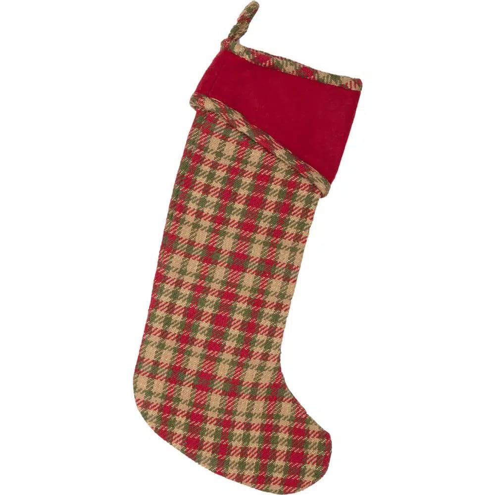VHC Brands Claren 20 in. Rustic Plaid Christmas Stocking - Cherry Red, Green, and Tan with Gold Thread