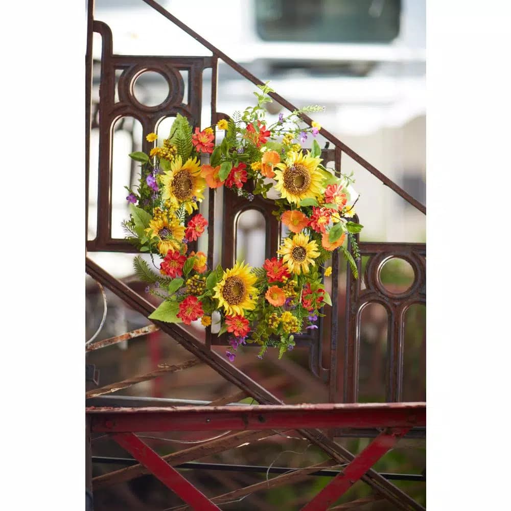 Unbranded 22 in. Sunflower Wreath with Purple Wildflowers and Green Ivy