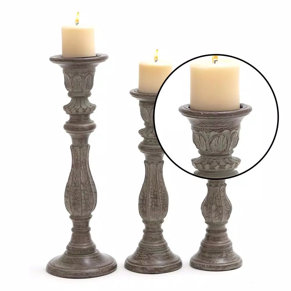 LITTON LANE Rustic Dark Brown Tapered Mango Wood Candle Holder Set of 3