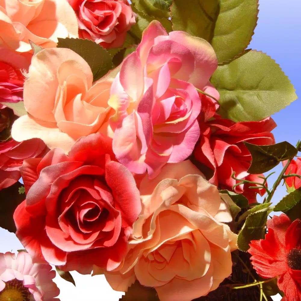 National Tree Company 32 in. Mixed Rose and Dahlia Spring Wreath - Red, Pink, and Cream Floral Decor