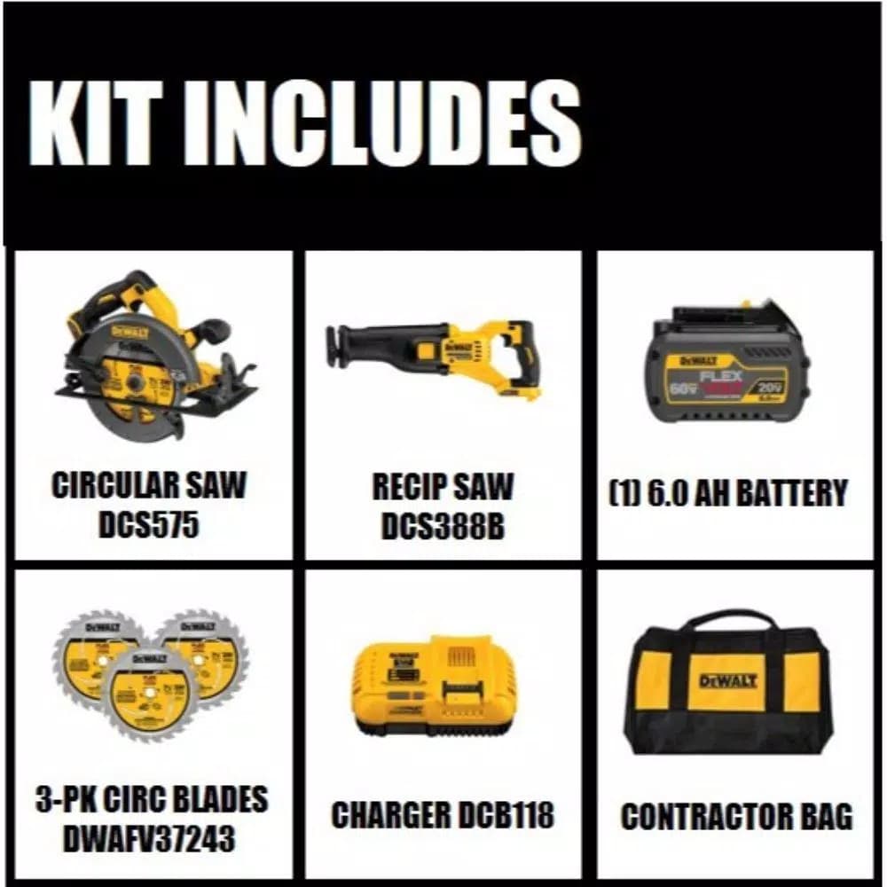 DEWALT 60V MAX FLEXVOLT 7-1/4 in. Brushless Circular Saw Combo Kit with 6.0Ah Battery & Bonus Recip Saw
